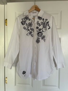 Chico's White Button-Front Shirt with Black Floral Embroidery